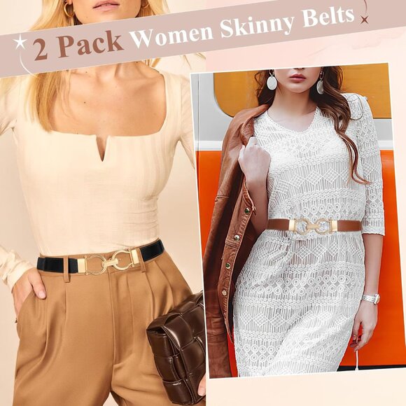 Skinny Elastic Belt Pack for Women Adjustable Fit Dress Waist Gold Buckle - Picture 2 of 5